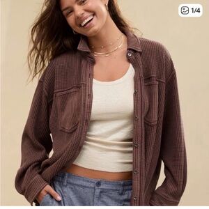 Aerie Brown Button-Up Waffle Knit Shirt
